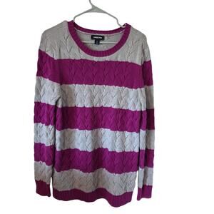 Lands End Womens Striped Drifter Cable Knit Sweater Size Large Purple Gray